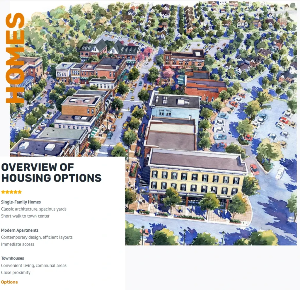 Aerial illustration of Baxter Town Center housing options near shops, parking, and walkable streets, showing how homes, services, restaurants, and errands connect in one local directory.
