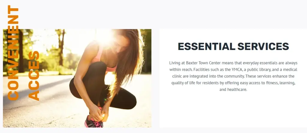 Baxter Town Center essential services graphic with a runner tying her shoe, showing how dining fits into a walkable local area with nearby fitness, healthcare, shops, parking, and everyday convenience.
