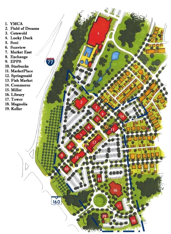 Baxter Village map showing restaurants, shops, parking areas, roads, and landmarks, helping visitors plan dining around Baxter Village from quick stops to sit-down meals.
