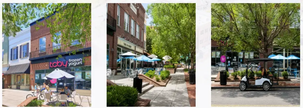 Baxter Town Center storefronts and outdoor seating shown along shaded sidewalks, supporting an editorial approach that explains restaurants and community services by location, occasion, and visitor fit.
