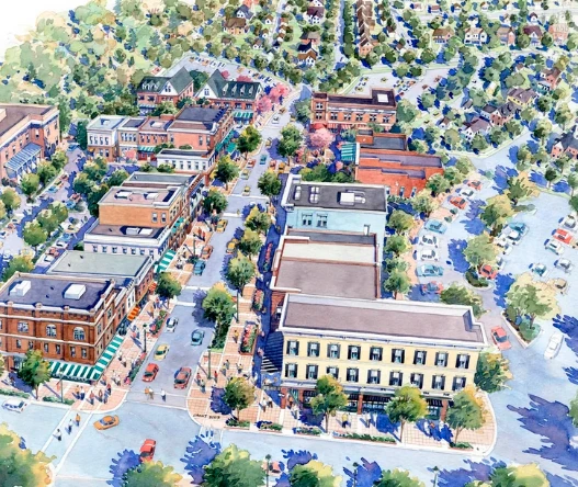 Baxter Town Center contact page with an aerial view of streets, shops, offices, parking, and nearby homes, helping visitors ask about directory details, leasing, property management, and directions.
